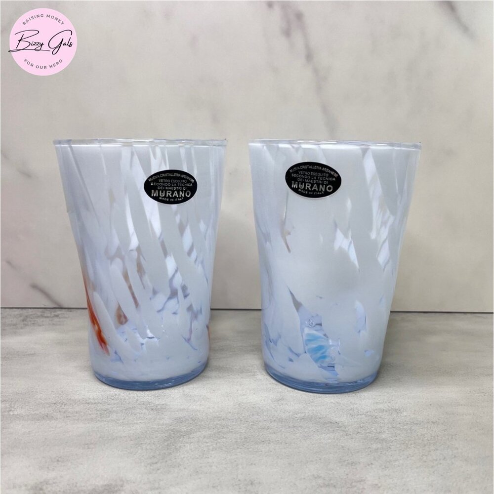 2 Murano Vetro Eseguito White Swirls Drinking Tumbler Glass